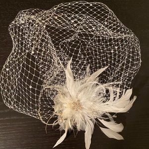 Bridal birdcage veil, crystal, CZ, beads, feathers